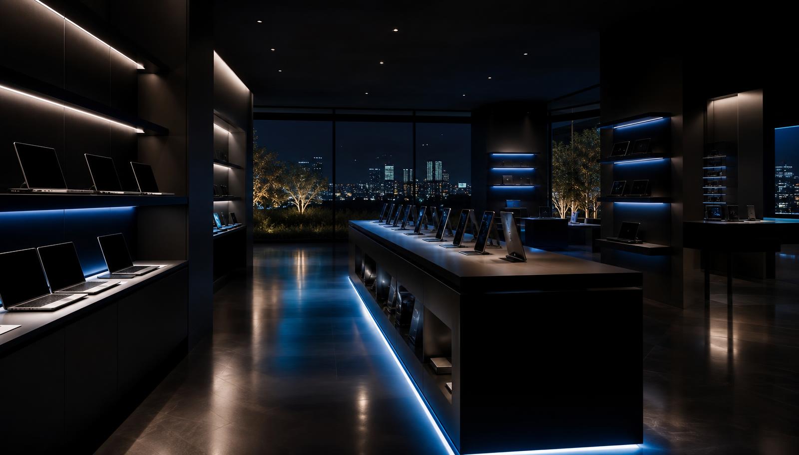 Interior of the Raeko Store showroom with laptops and phones on lit display counters