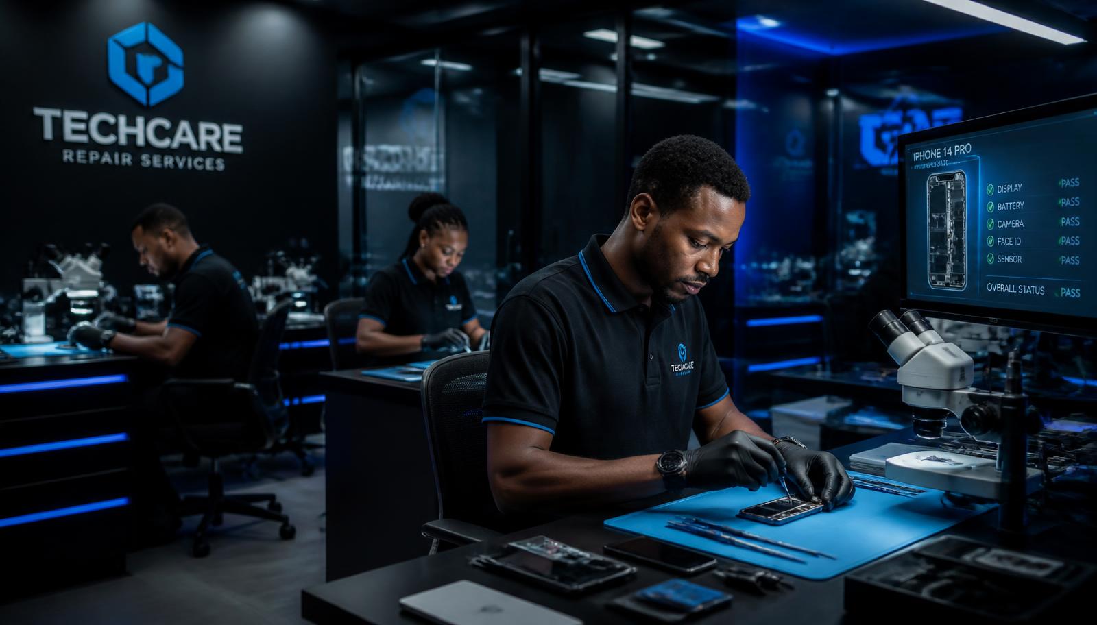 Raeko technicians repairing phones and laptops in the Kumasi service lab