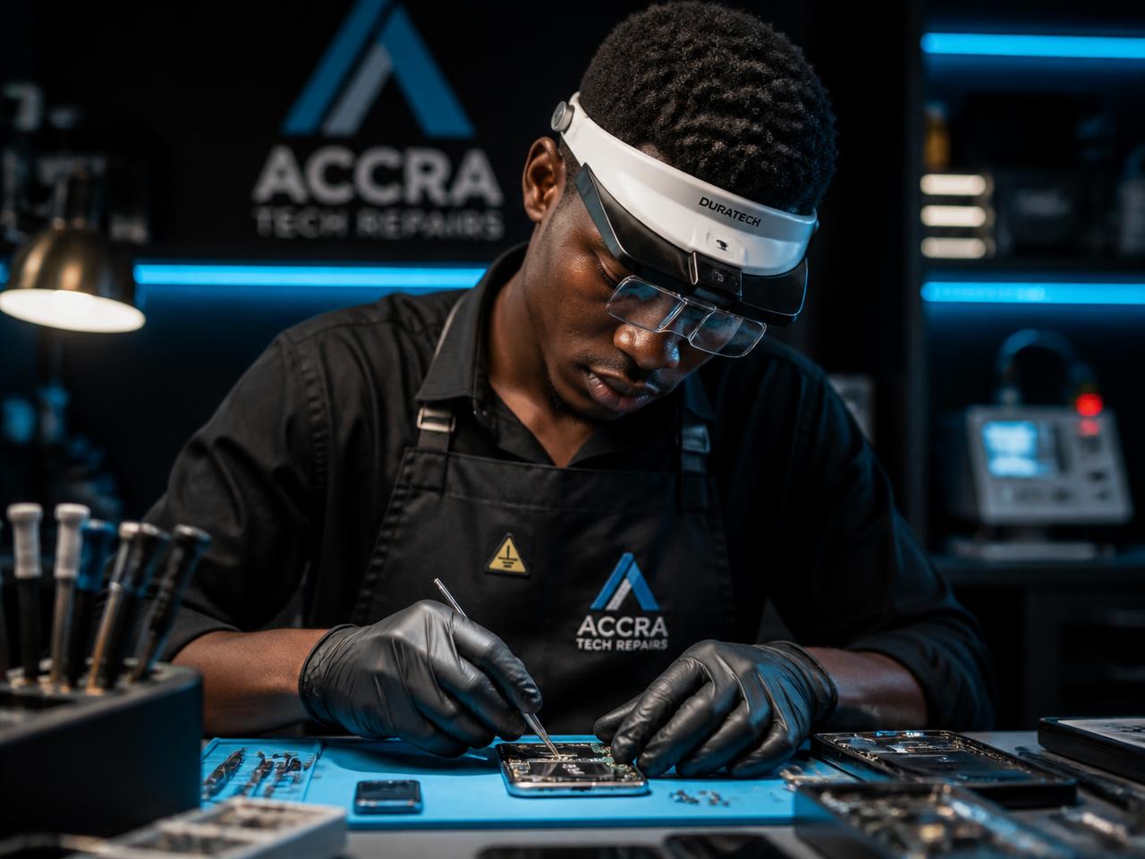Raeko micro-soldering technician repairing a smartphone motherboard under a microscope
