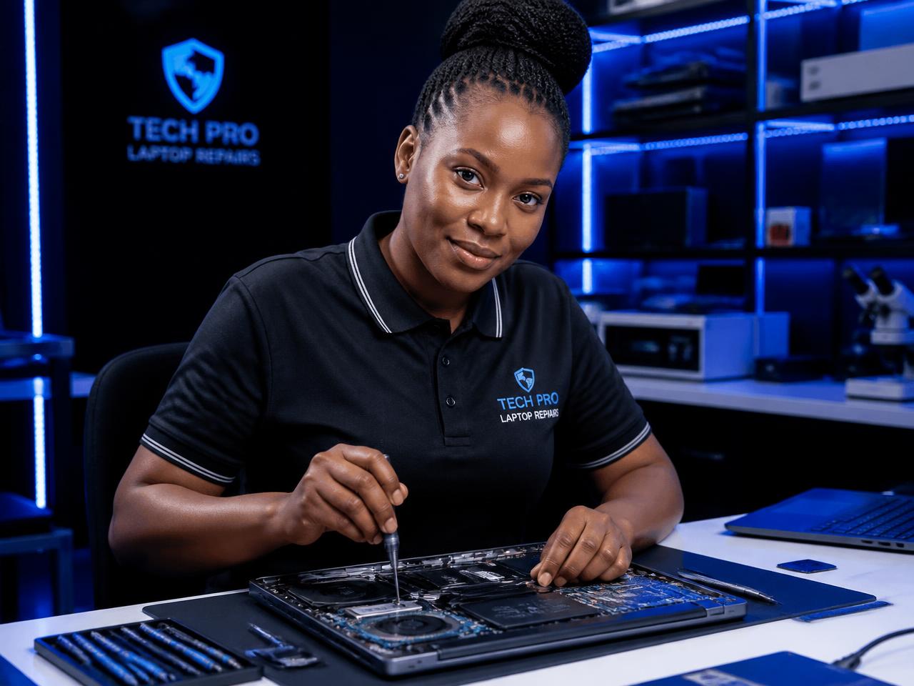 Raeko laptop repair engineer servicing an opened laptop at an ESD-safe workbench