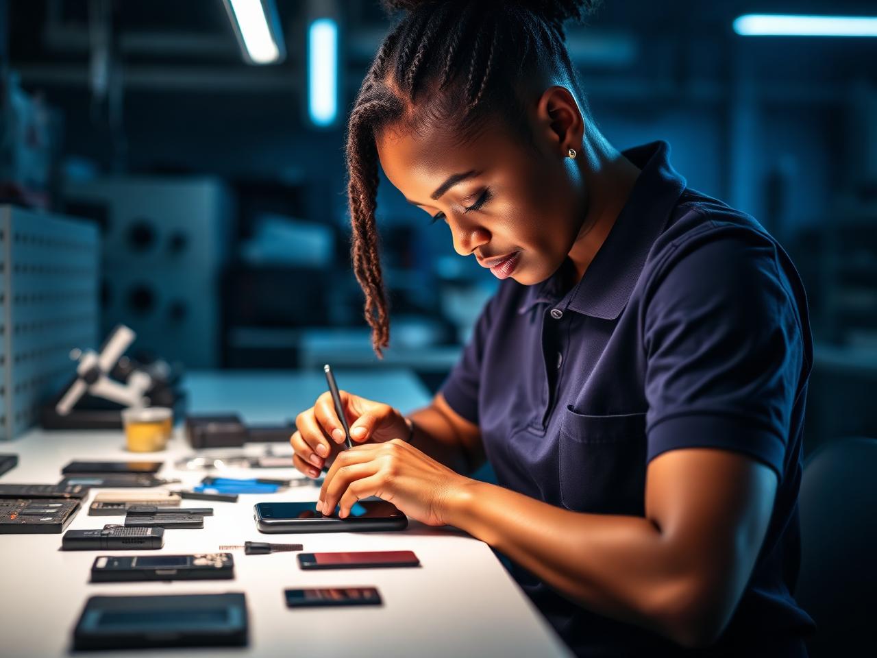 Raeko technician replacing a smartphone screen at a clean repair bench