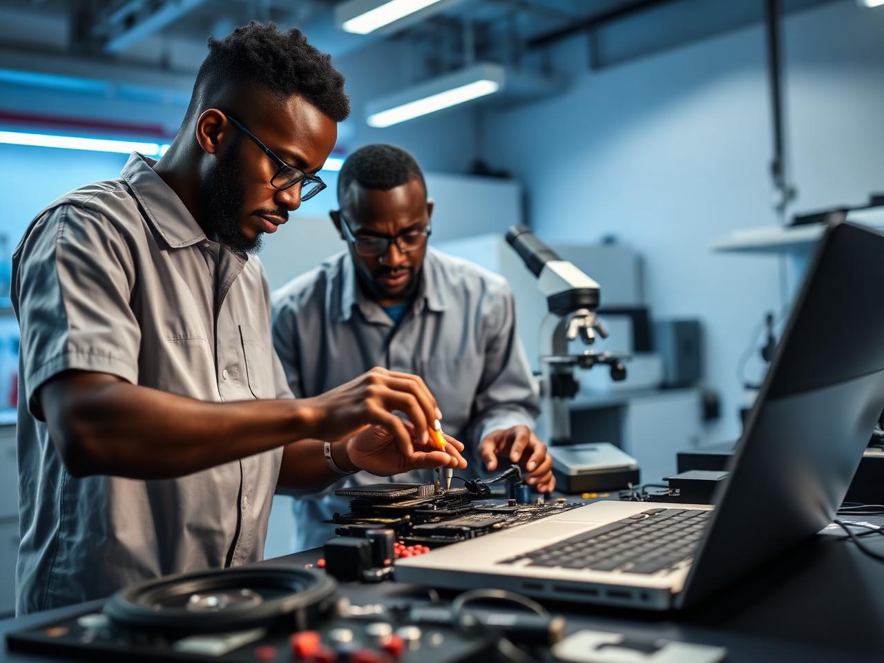 Two Raeko repair engineers inspecting a console and laptop motherboard in the lab